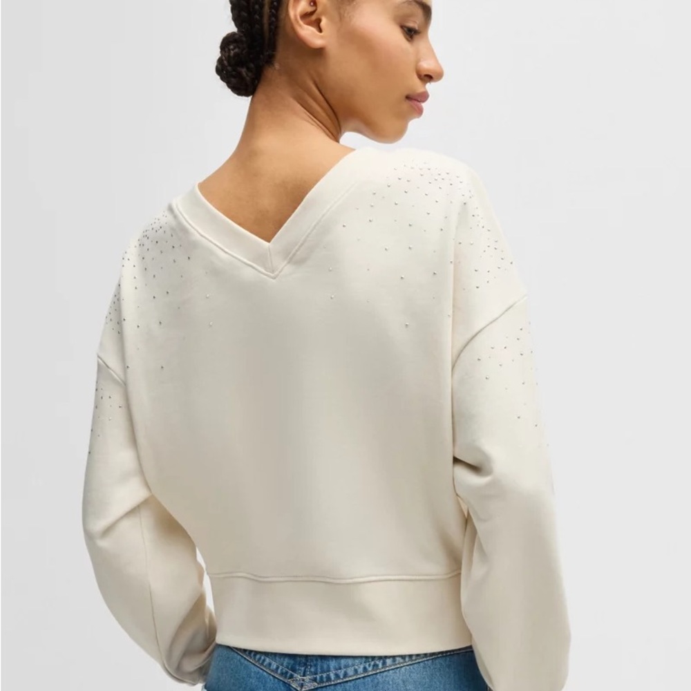 HUGO BOSS M CREAM EMBELLISHED SWEATSHIRT COTTON TERRY WITH RIBBED TRIMS